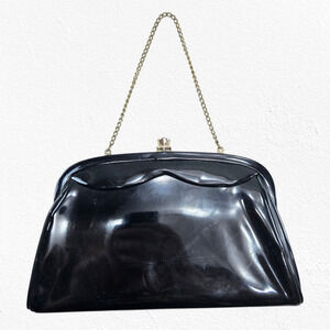 Vintage 50s Black Patent Vinyl Chain Evening Bag Kiss Lock Mid Century Purse